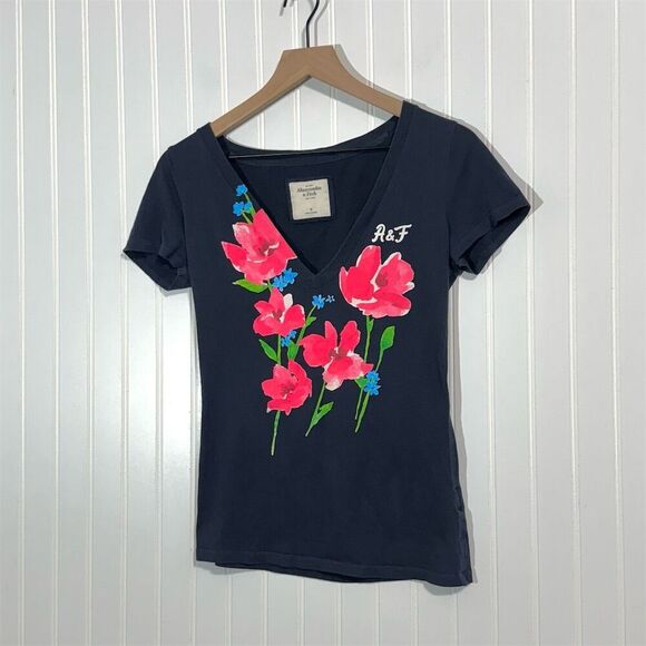 Abercrombie & Fitch Floral Tee M Y2K 2000s V Neck Graphic T-Shirt Navy Pink - Picture 1 of 8